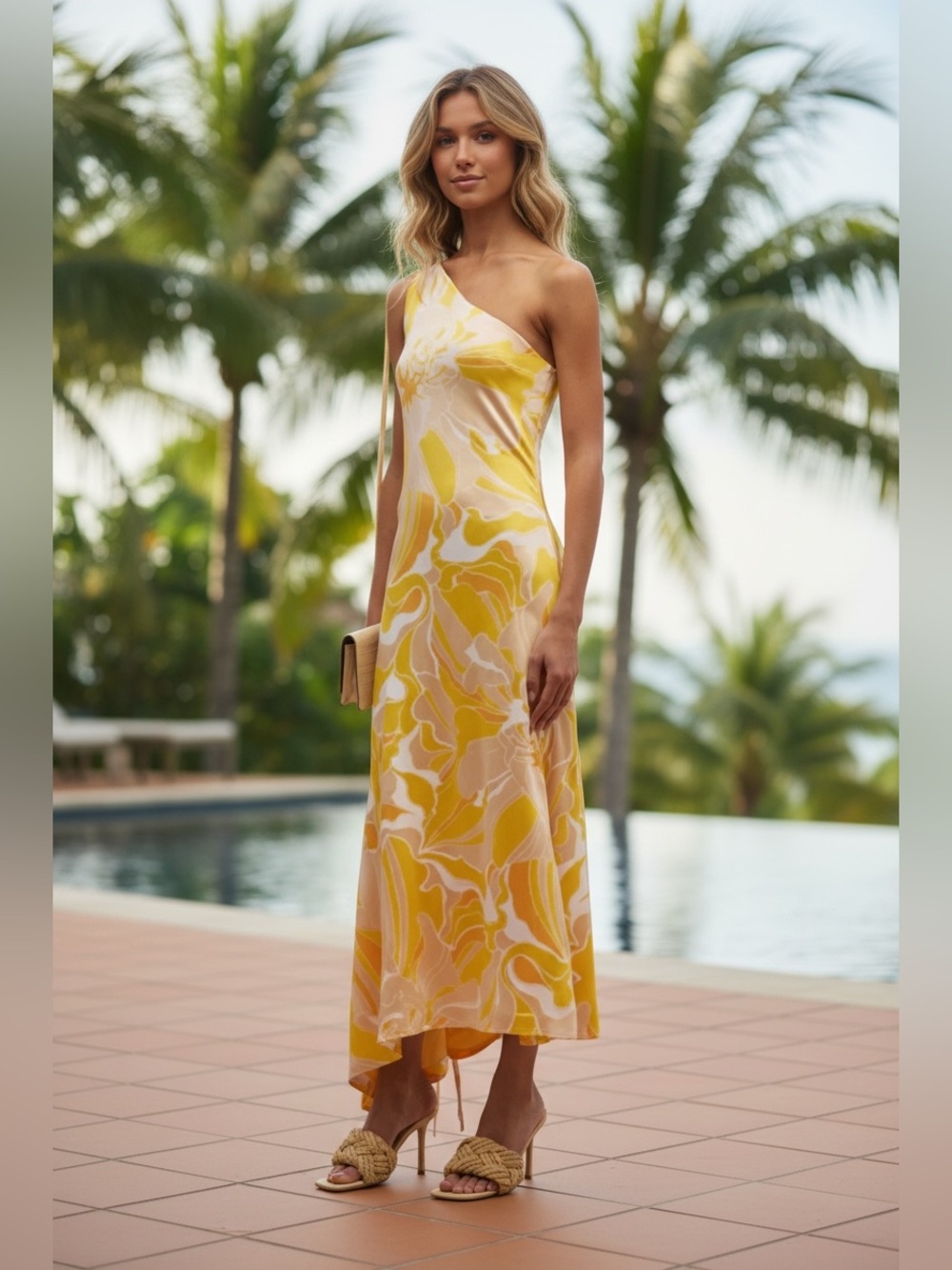 Alexis Brave|One Shoulder Midi Dress Yellow Cream Abstract Resort| Med| EUC